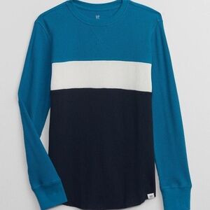 GAP Boys Teal, White, and Navy Colorblock Long Sleeve Thermal Shirt Medium